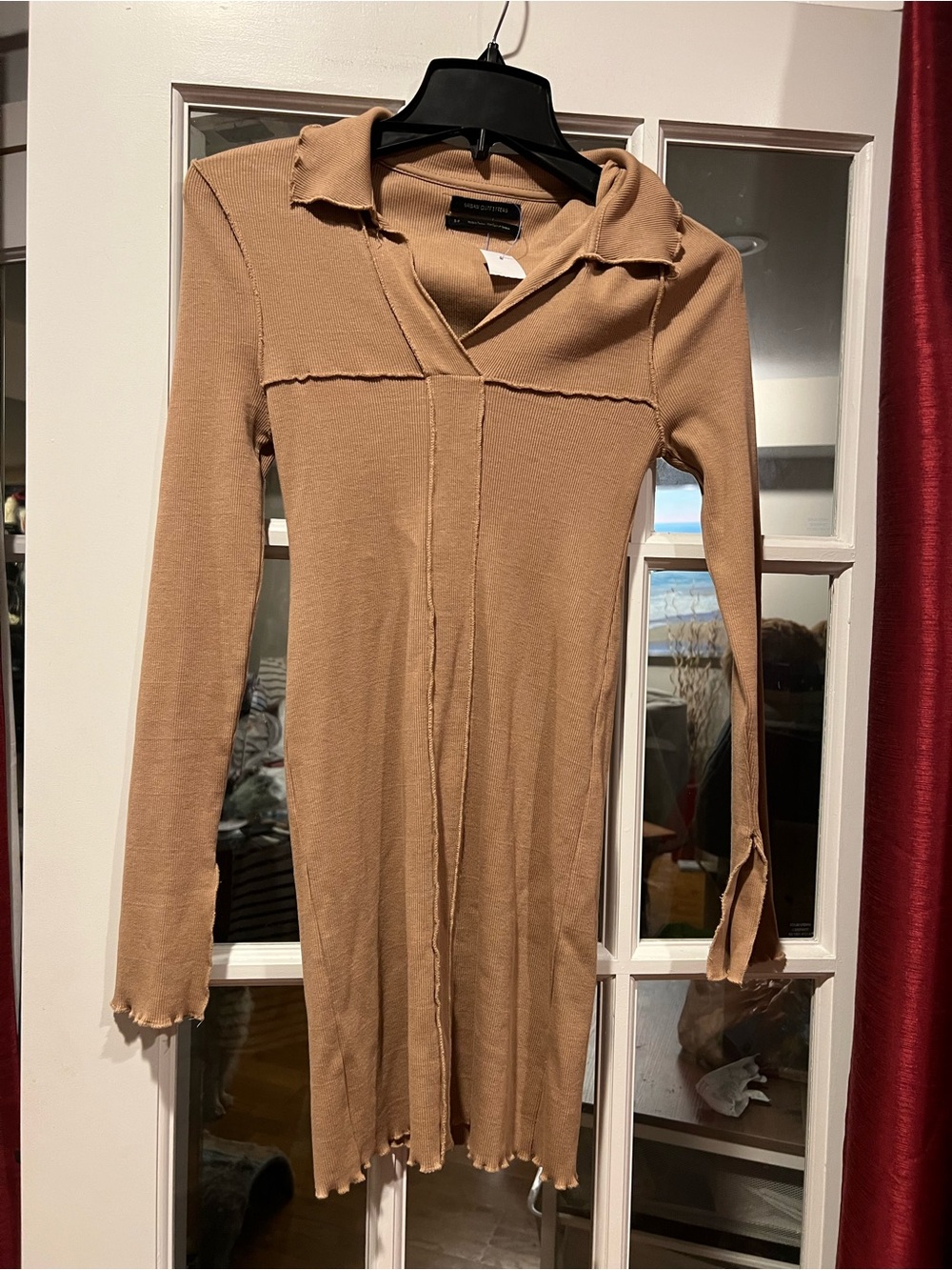 Urban Outfitters Long-Sleeve Ribbed Collared Dress in Camel/Tan